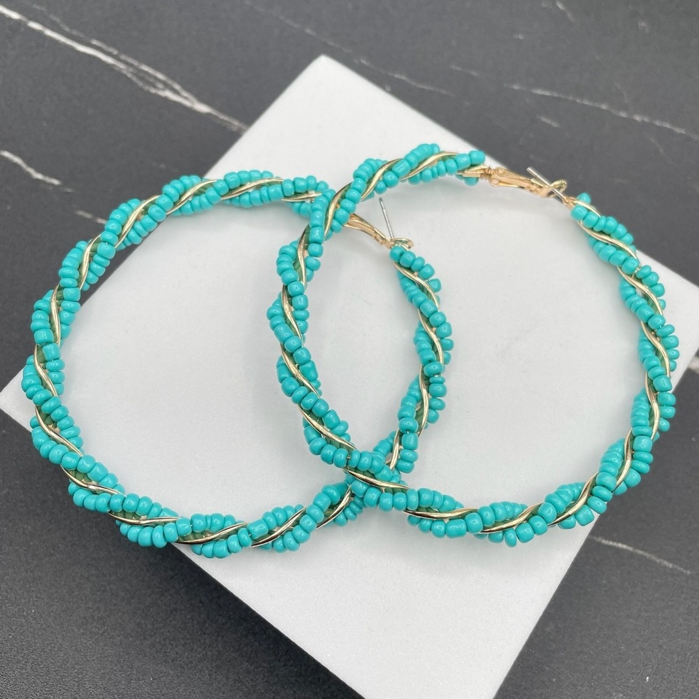 Bohemian Gold-Tone Helical Wrap Wire Turquoise Seed Bead Hoop Latch Earrings